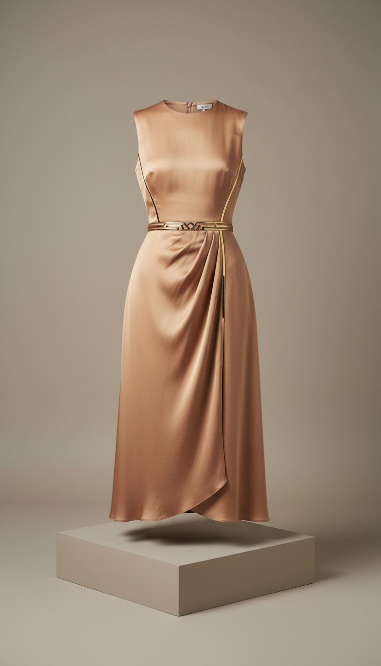 Silk Midi Dress with Metallic Trim